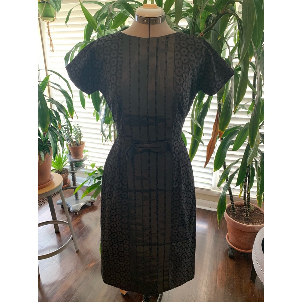 Black eyelet vintage cocktail dress with waist bow
